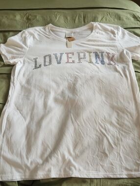 PINK Victoria's Secret White 'LOVE PINK' Rhinestone Logo Tee Size Large